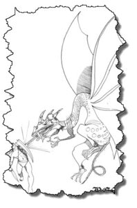 Image of 'Bes', a dragon-like entity, attacking a guy with a shield.