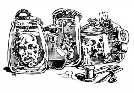 A bunch of jars, some of which contain human heads or skulls.